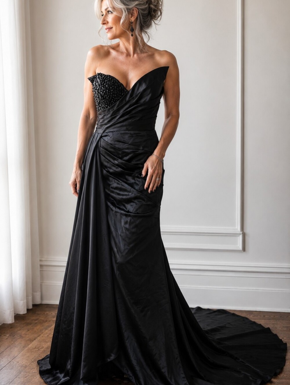 NWOT Black Beaded Corset Evening Gown Sweetheart Ruched Train Formal Dress Sz 8